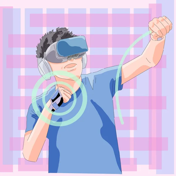 拡張現実世界体験でゲームをプレイする仮想現実シミュレータヘッドセットを使用する男 — ストックベクタ