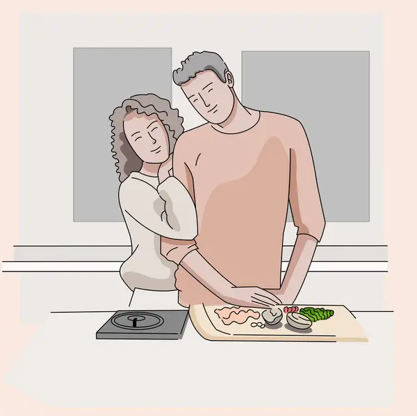 Homme Femme Romantique Dans Cuisine Cuisine Cuisine Souriant Famille Préparer — Image vectorielle