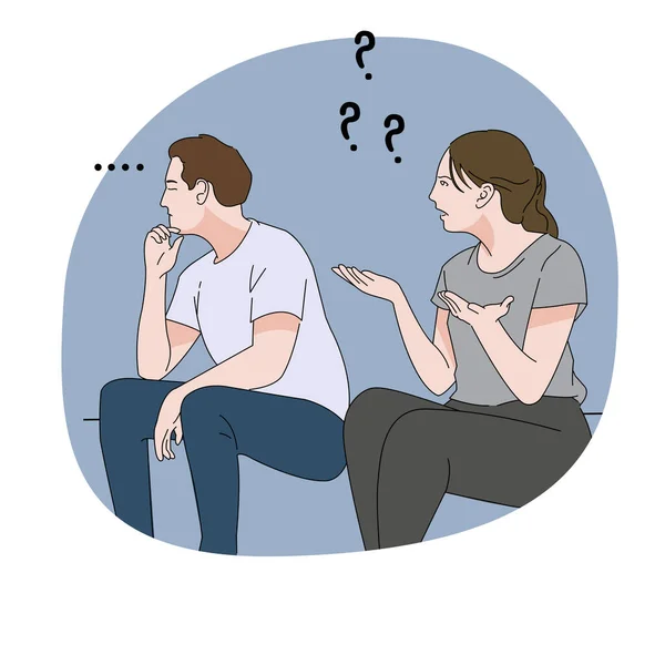 Couple Assis Sur Canapé Parler Discuter Avec Des Points Interrogation — Image vectorielle