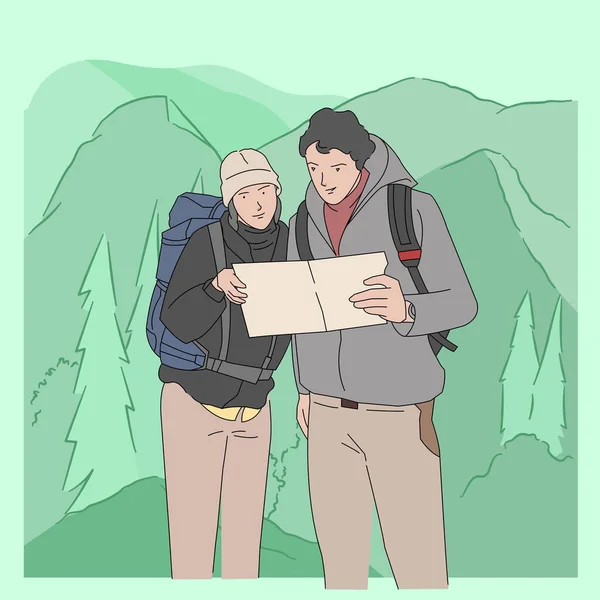 Homme Femme Couple Randonnée Montagne Lecture Carte Vacances — Image vectorielle