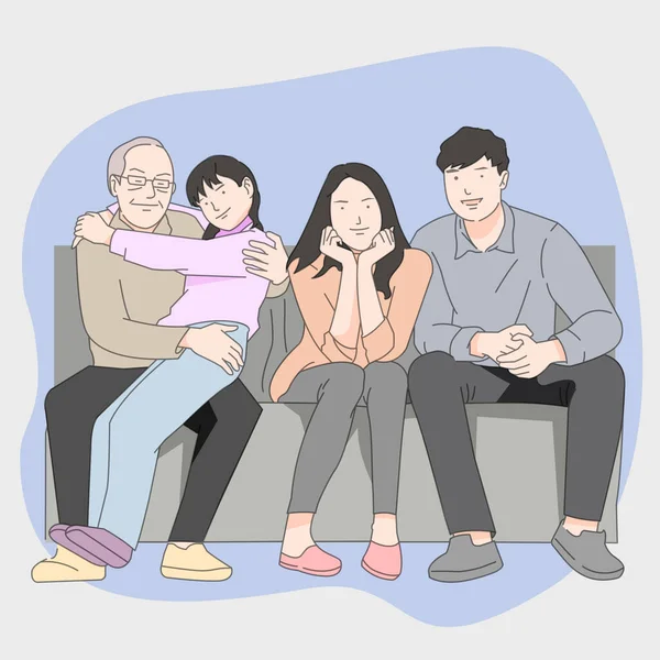 Famille Assise Dans Salon Souriant Heureux Grand Père Assurance Santé — Image vectorielle
