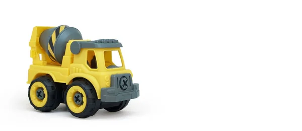 Juguete Camión Mezclador Concreto Plástico Amarillo Aislado Sobre Fondo Blanco — Foto de Stock