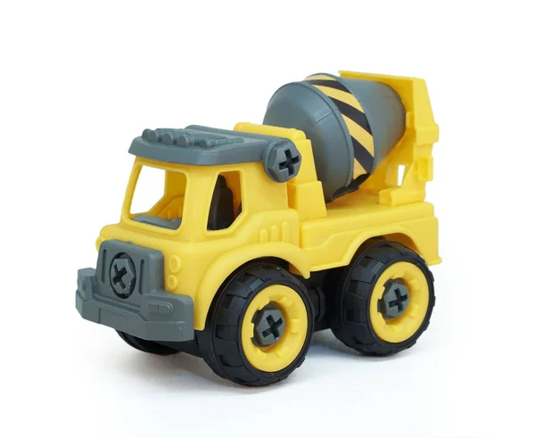 Gele Plastic Mixer Truck Speelgoed Geïsoleerd Witte Achtergrond Constructie Vechicle — Stockfoto