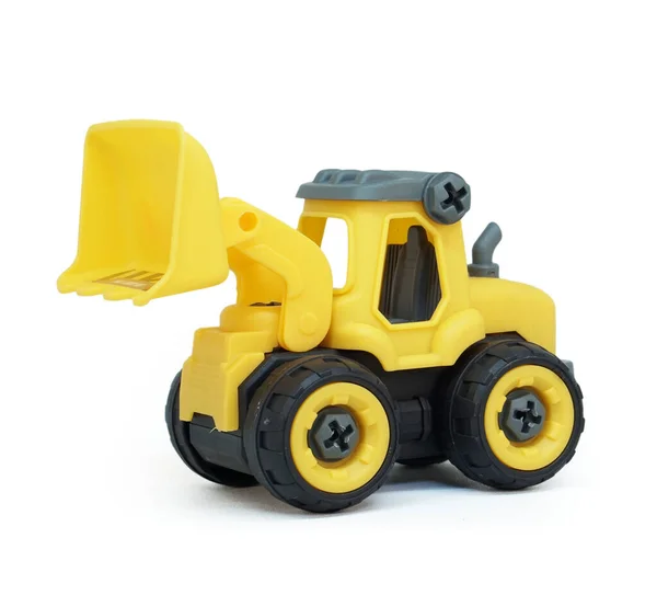 Geel Plastic Bulldozer Speelgoed Geïsoleerd Witte Achtergrond Speelgoed Voor Zware — Stockfoto