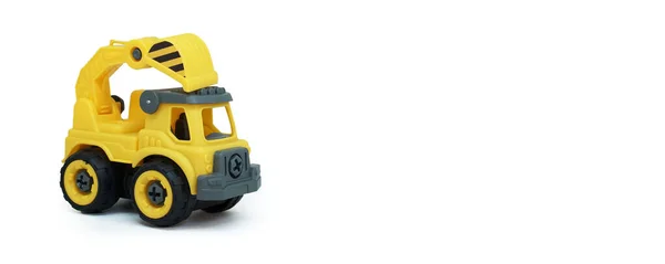 Gele Plastic Vrachtwagen Speelgoed Geïsoleerd Witte Achtergrond Constructie Vechicle Truck — Stockfoto