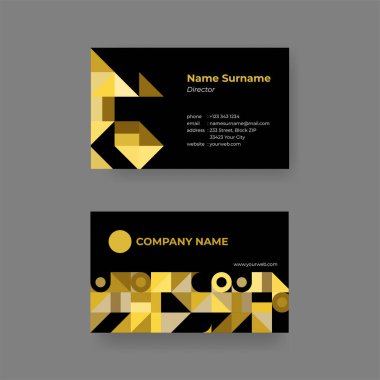 Kişisel kartvizit şablonu. Siyah ve altın geometrik şekilli modern tasarım. Tasarım şablonunu yazdır.