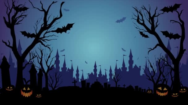 Halloween Natt Bakgrund Läskig Kyrkogård Med Pumpor Och Bat Flyger — Stockvideo