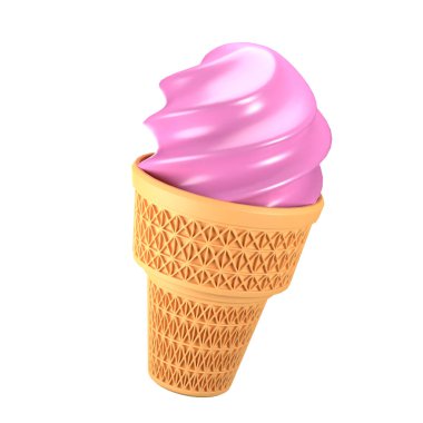 Şeffaf üzerinde 3 boyutlu pembe dondurma külahı. Yaz temalı yemekler ve içecekler. Çilekli..