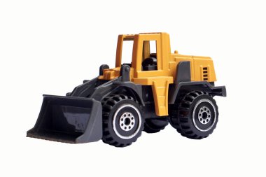 Beyaz zemin üzerinde izole edilmiş sarı oyuncak buldozer, ağır makine modeli veya diyabet.