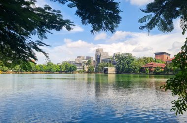 Göl kenarı modern çevre dostu cam mimari cephesi. Güneşli bir günde Endonezya Üniversitesi Kütüphanesi 'nde bazı yapraklar ön planda..