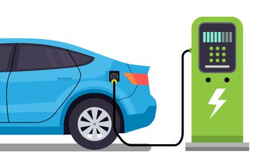 Modern bir EV şarj istasyonunda şarj olan mavi elektrikli bir sedan arabanın vektör çizimi. Bu resim çevre dostu ulaşımı ve daha yeşil bir gezegen için sürdürülebilir enerji çözümlerini sembolize ediyor. Elektrikli araç projelerinde kullanmak için mükemmel.