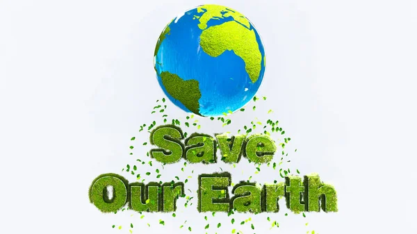 Spara Vår Jord Grönt Gräs Material Och Världskarta Isolerad Vit — Stockfoto