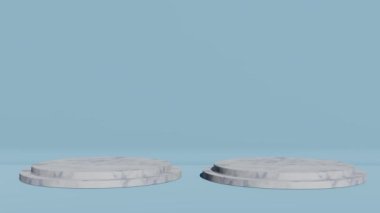 3D ürün arka planı dönen geometrik platformlu beyaz mermer bir podyum sahnesi gösteriyor. Podyumlu açık mavi arkaplan 3D vektör sunumu. Kozmetik ürünlerin gösterimi.