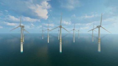 Rüzgar türbininin yakın çekim gücü rüzgar tarafından dönüyor ve yenilenebilir yeşil enerji üretiyor. Offshore yel değirmeni, 3D animasyon.