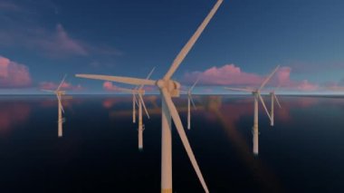 Rüzgar türbininin yakın çekim gücü rüzgar tarafından dönüyor ve yenilenebilir yeşil enerji üretiyor. Offshore yel değirmeni, 3D animasyon.