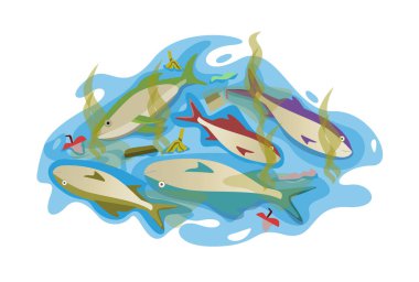 Kirli suda ölü balık. Vektör. beyaz arkaplanda izole edilmiş.