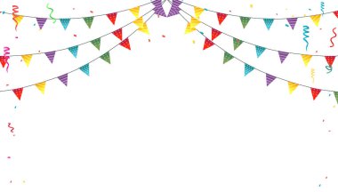 Bayraklar ve konfetiyle renkli parti geçmişi.