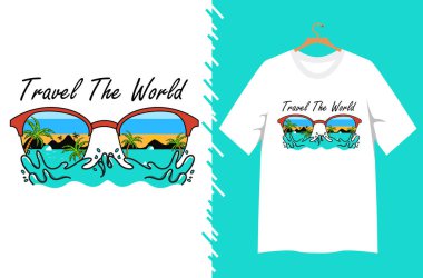 Tişört baskısı dünya turu seyahat vektörü illüstrasyonu