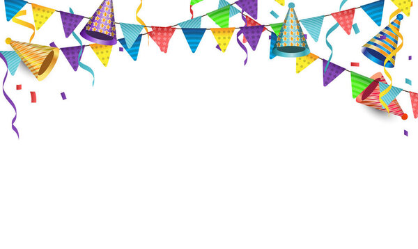 happy birthday party card with flags and garlands hanging vector illustration design