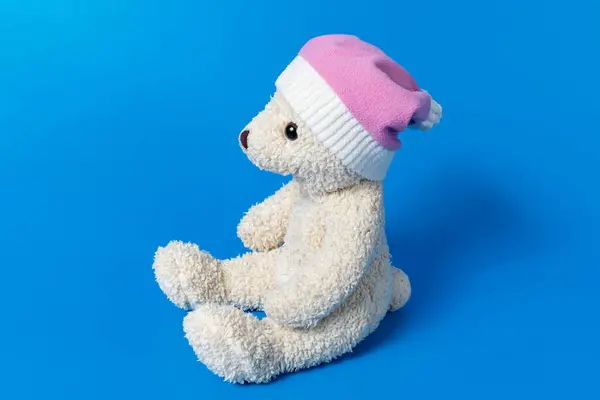 Şapkalı yumuşak bir kutup ayısı şeklinde bir oyuncak.