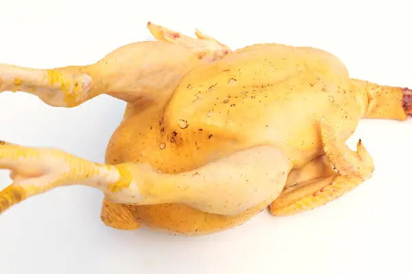Çiğ yolunmuş ve beyaz arka planda hazırlanmış tavuk.
