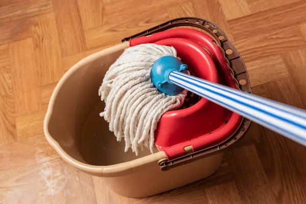 Islak paspas, yer temizliği hazırlıkları. Yeri silmek için kovayla paspasın yakın çekimi.