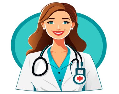 Tıbbi web siteleri, eğitim materyalleri ve sağlık hizmetleri promosyonları için ideal bir gülümseme gösteren bu büyüleyici kadın doktor illüstrasyonuyla güven ve özen saçın..