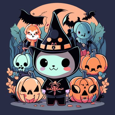 Bu harika Kawaii Cadılar Bayramı temalı Tshirt tasarım vektörünü alın