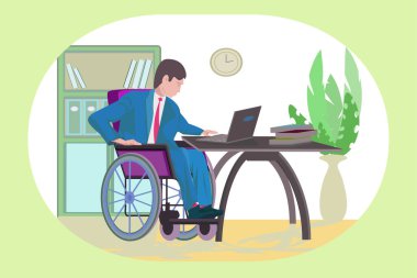 Tekerlekli sandalyeye bağlı bir adamın portresinin yan görüntüsü, modern bir dairede açık bir plan. Özürlü genç bir adam iş gününe evde e-postalarını kontrol ederek başlıyor..