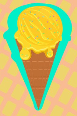 Muz aromalı dondurma, sarı renkli, üzerine de tatlı serpiştirilmiş.