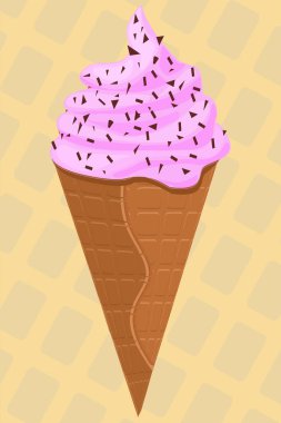 Waffle külahında böğürtlen aromalı dondurma, pembe ve çikolata parçaları.