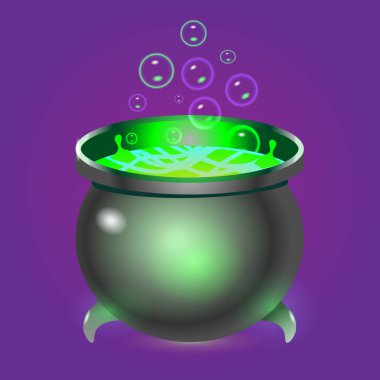 Iksir ile kaynayan cadı kazanı\\\ Halloween Sihirli Kazan Yeşil İksir ile, Kaynayan Sihirli Bira. Mor arkaplanda izole edilmiş vektör illüstrasyonu.