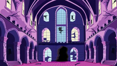 Ortaçağ kraliyet sarayındaki tüyler ürpertici balo salonu kırık döşemeleri, çatlak sütunları ve kemerli pencereleri, tozlu örümcek ağları ve taş duvarlarda boş meşaleleri olan korkunç karanlık koridor ürpertici Cadılar Bayramı sahnesi.