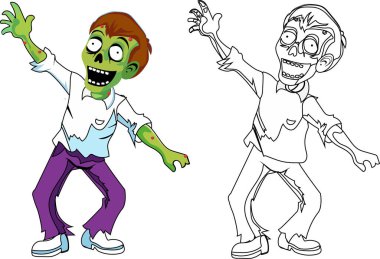 Neşeli, gülümseyen, ölü zombi adam. Çocuk boyama kitabı ve kitabı için çizgi ve vektör çizimleri