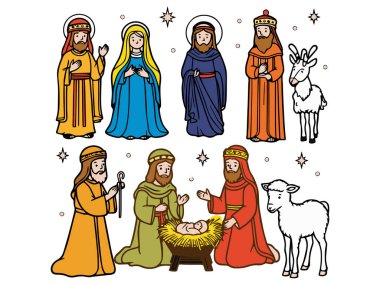 İsa 'nın, Meryem' in, Yusuf 'un ve Beytüllahim' deki Magi 'nin betimlediği bir doğum sahnesinin resimleri.