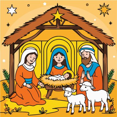 colourful Nativity scene depicting baby Jesus, Mary, Joseph and the Magi in Bethlehem simple line drawing clipart