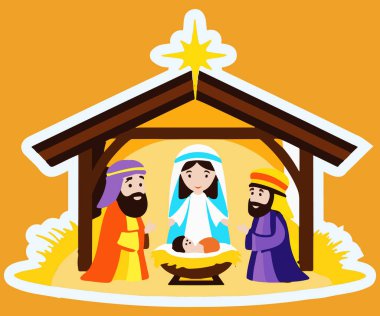 Bu parlak renkli Noel çıkartmasında Bethlehem 'de bebek İsa, Meryem ve Yusuf' un resimleri var.