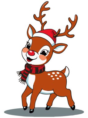 Tatil sembolü. Noel Baba şapkalı ikon renkli şirin geyik. Beyaz arka planda. .Poster, afiş, broşür, tebrik kartı dekorasyonu için tasarım ögesi. Vektör illüstrasyonu