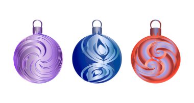 Bir Noel ağacını süslemek için, beyaz arka planda izole edilmiş, gerçekçi vektör illüstrasyonuyla süslenmiş parlak, mavi ve mor toplar. Tasarım ögesi.