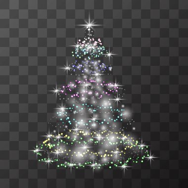 Farklı ışıklarla parlayan Noel ağacı. Arka planda parçacık parıltısı etkisi. Sihirli çok renkli ışık tozu, tozlu sim. Parlak partiküllerle parıldayan Noel ağacı ışıkları.