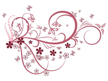 Kalp şeklindeki çiçek tasarımının vektör çizimi. Karmaşık girdaplar, çiçekler ve pembe renk düzeninde kelebekler içeriyor..