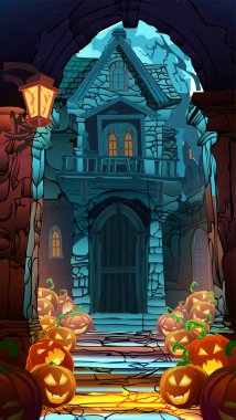  Cadılar Bayramı gecesinde oyulmuş parlak balkabaklarıyla perili bir ev. Ürkütücü parti temaları ve mevsimsel promosyonlar için mükemmel..