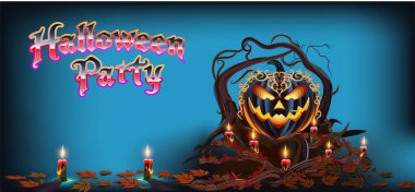 Cadılar Bayramı partisinin arka planında parlak oyulmuş balkabağı, ürkütücü mumlar, bükülmüş dallar, sonbahar yaprakları ve neon yazılar yer alıyor..