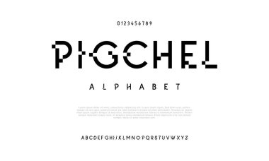 Pigchel yaratıcı modern şehir alfabesi yazı tipi. Dijital soyut Müslüman, fütüristik, moda, spor, asgari teknoloji tipografisi. Basit sayısal vektör illüstrasyonu