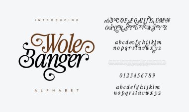 Wolebanger premium lüks alfabe harfleri ve numaraları. Zarif düğün tipografisi klasik serif yazı tipi dekoratif antika. yaratıcı vektör illüstrasyonu