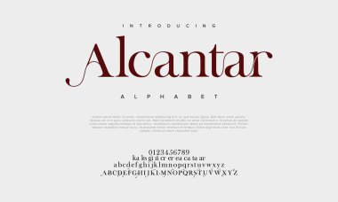 Alcantar premium lüks alfabe harfleri ve numaraları. Zarif düğün tipografisi klasik serif yazı tipi dekoratif antika. yaratıcı vektör illüstrasyonu