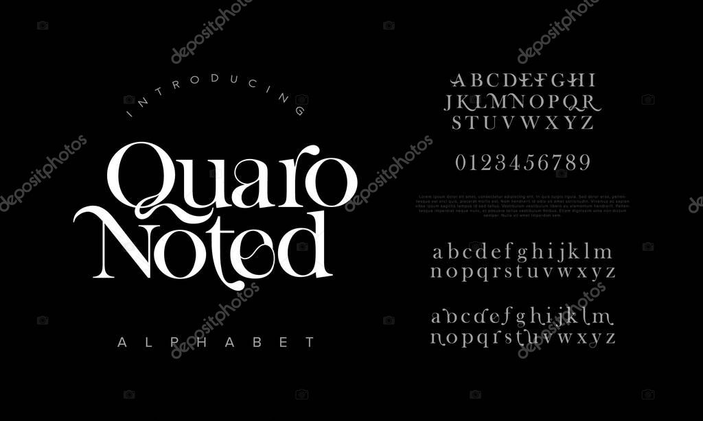 Quaronoted premium luxury elegant alphabet letters and numbers. Elegant wedding typography classic serif font decorative vintage retro. creative vector illustration