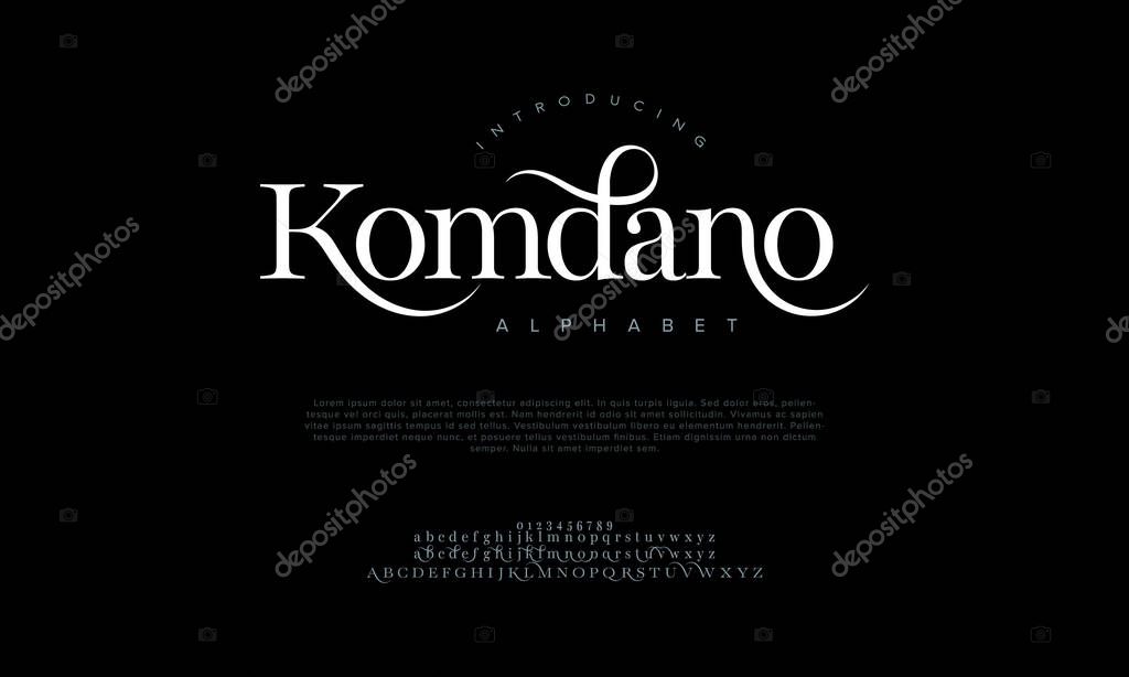 Komadno premium luxury elegant alphabet letters and numbers. Elegant wedding typography classic serif font decorative vintage retro. creative vector illustration