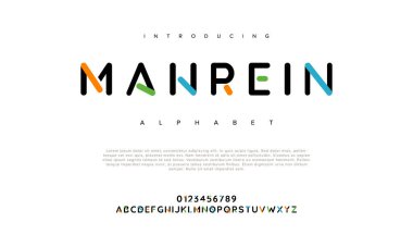 Mahrein yaratıcı modern şehir alfabesi yazı tipi. Dijital soyut Müslüman, fütüristik, moda, spor, asgari teknoloji tipografisi. Basit sayısal vektör illüstrasyonu