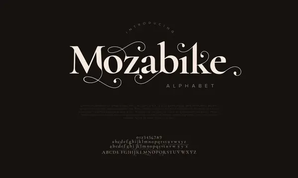 Mozabike premium lüks alfabe harfleri ve numaraları. Zarif düğün tipografisi klasik serif yazı tipi dekoratif antika. yaratıcı vektör illüstrasyonu